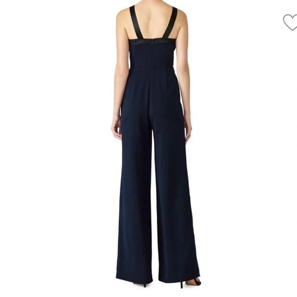 Jay Godfrey Dryden Bow Pleated Jumpsuit Wide Leg Navy Blue Size 2 Black Satin